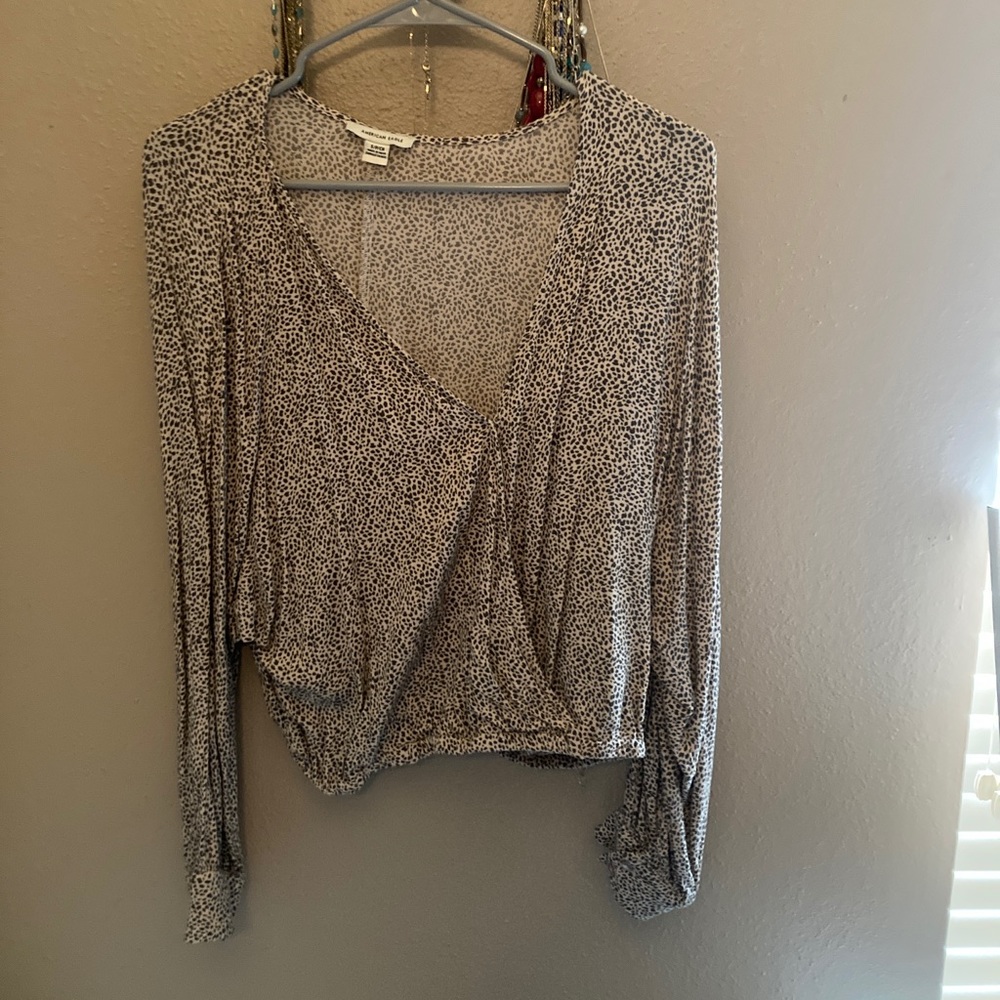 American Eagle Outfitters Animal Print Long Sleeve Faux Wrap Blouse, Small